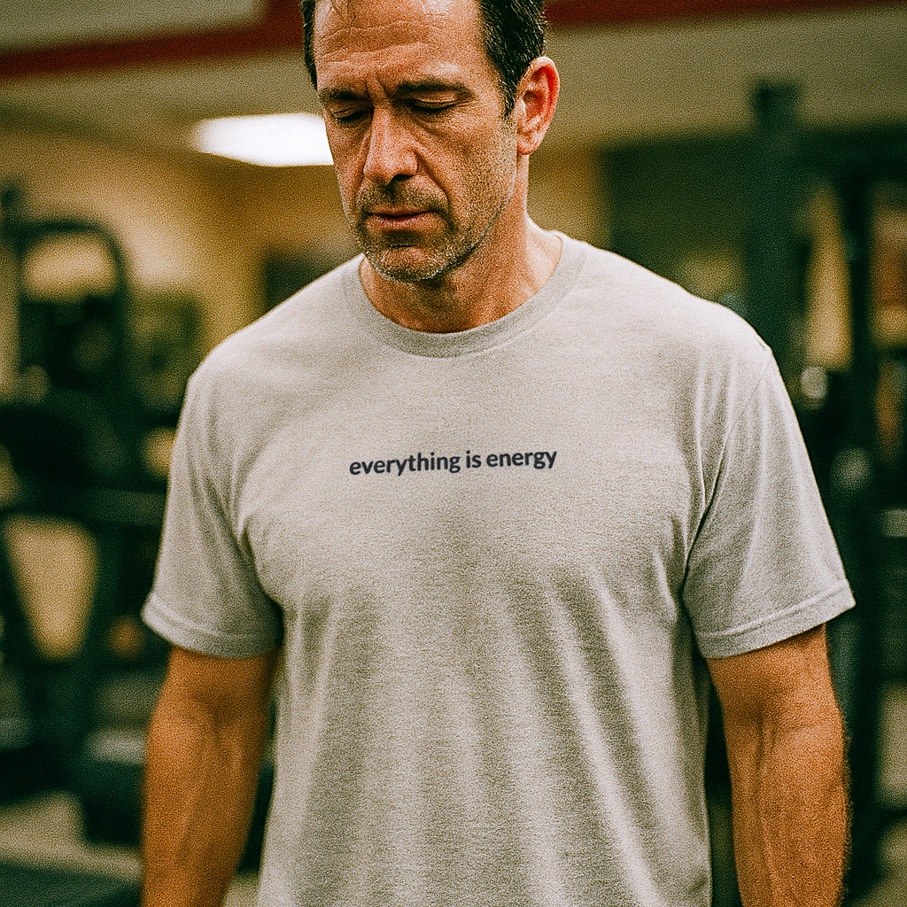 Man wearing a gray t-shirt with 'everything is energy' text in a gym setting