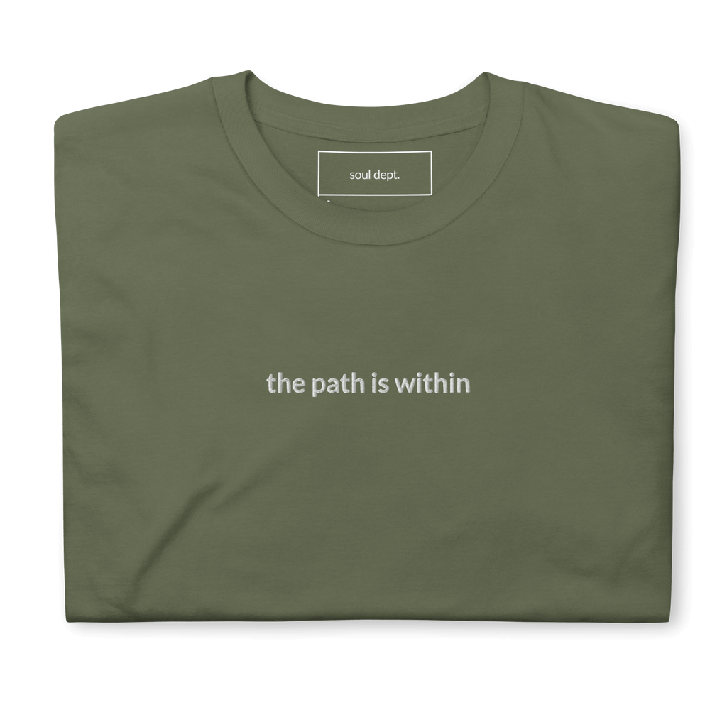 The Path is Within Tee - White Embroidered Mantra