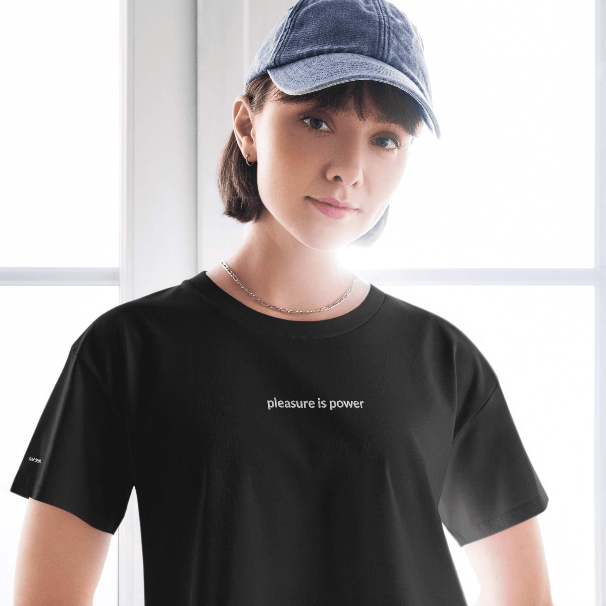 Pleasure is Power Crop Tee - White Embroidered Mantra