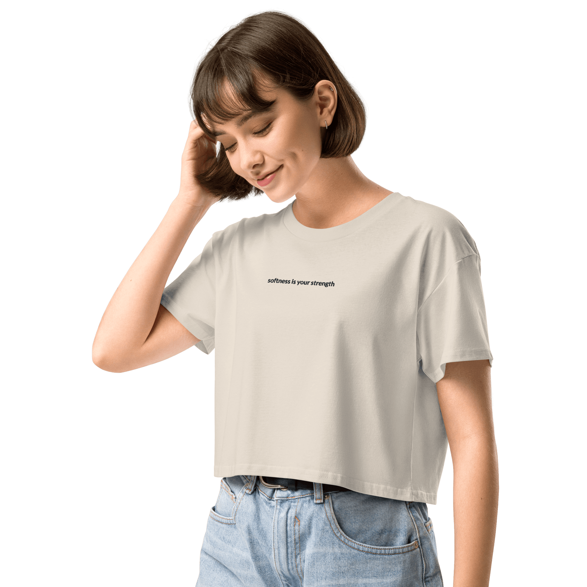 Softness Is Your Strength Crop Tee - Black Embroidered Mantra