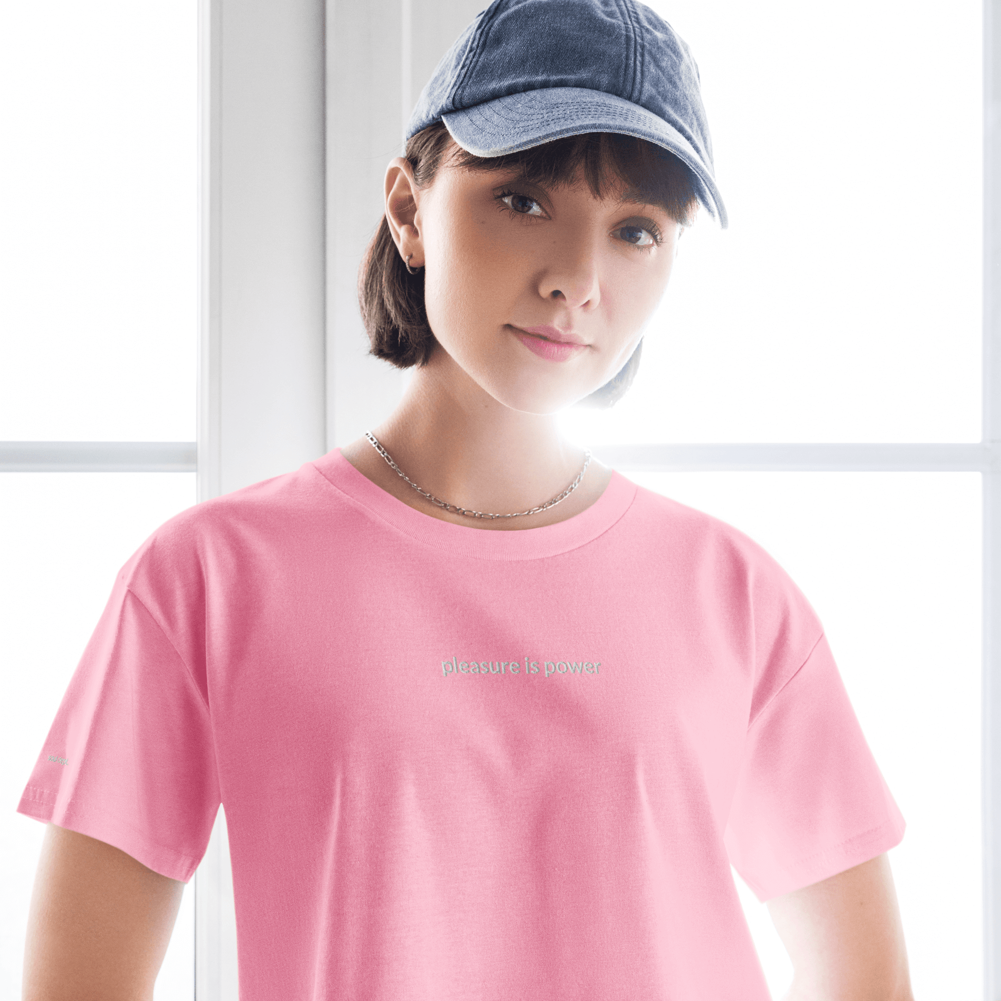 Pleasure is Power Crop Tee - White Embroidered Mantra