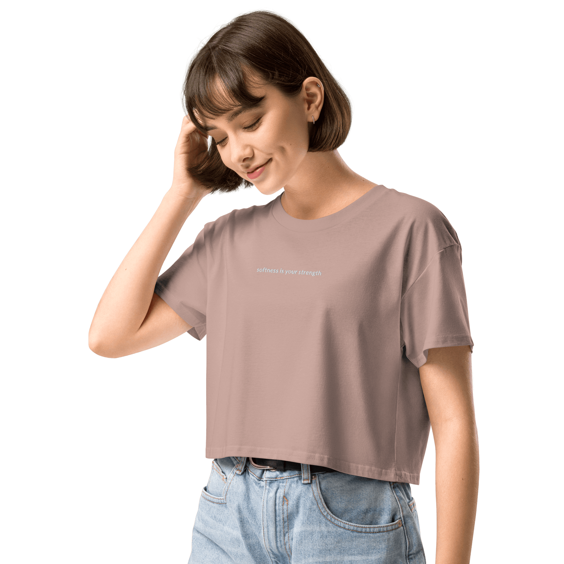 Softness Is Your Strength Crop Tee - White Embroidered Mantra