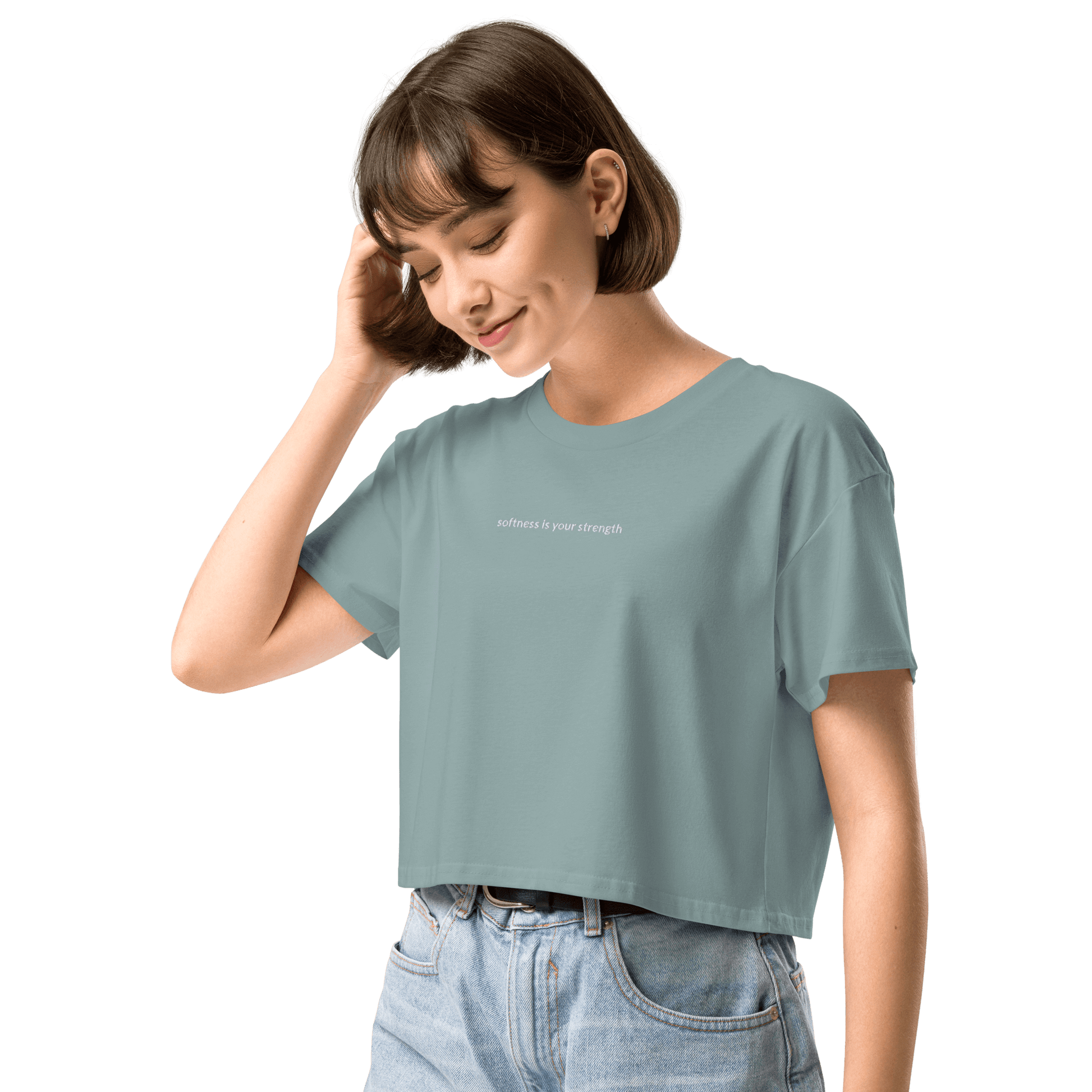 Softness Is Your Strength Crop Tee - White Embroidered Mantra
