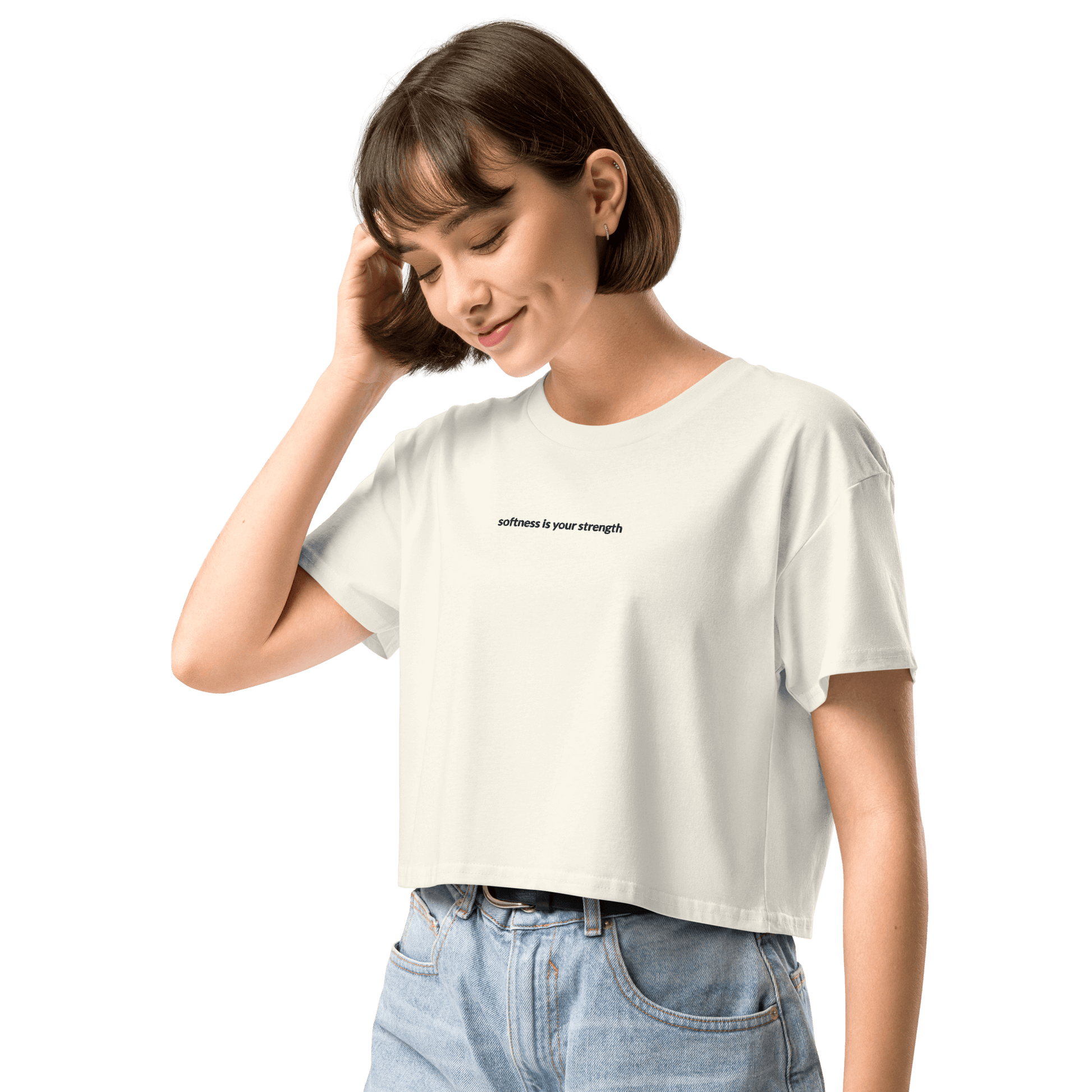 Softness Is Your Strength Crop Tee - Black Embroidered Mantra