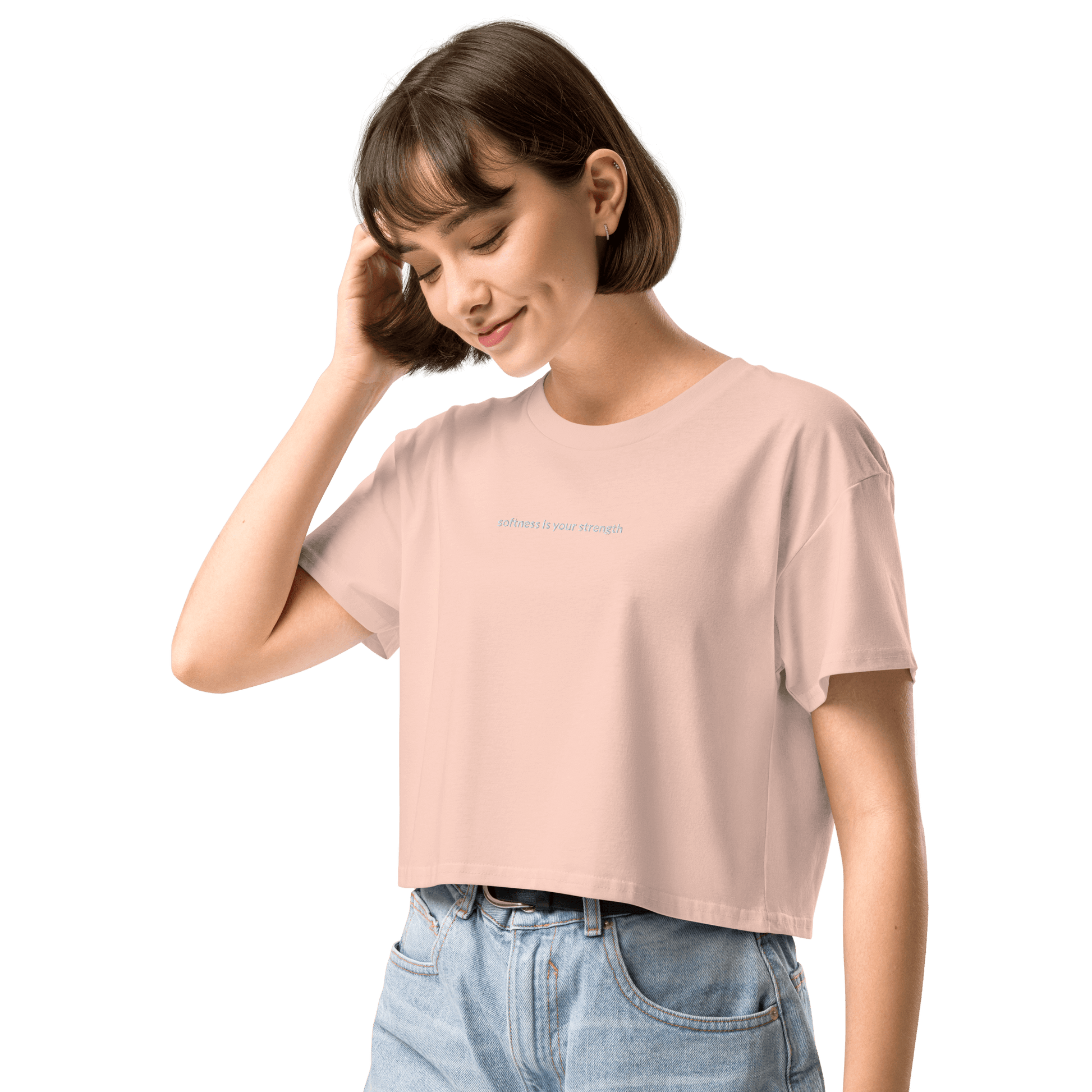 Softness Is Your Strength Crop Tee - White Embroidered Mantra