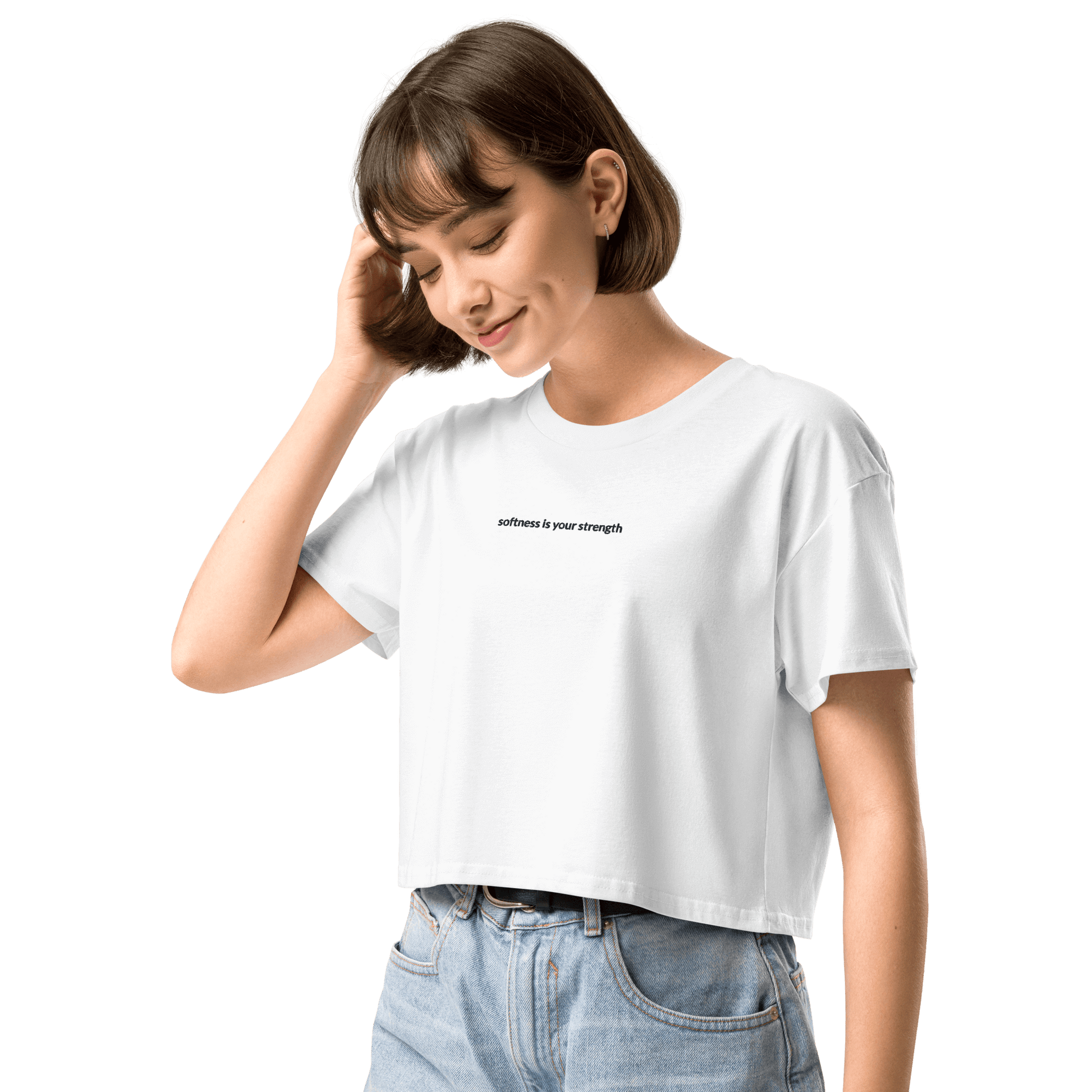 Softness Is Your Strength Crop Tee - Black Embroidered Mantra